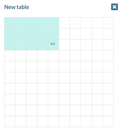 The 'New table' pop-up, with 3 columns and 4 rows selected