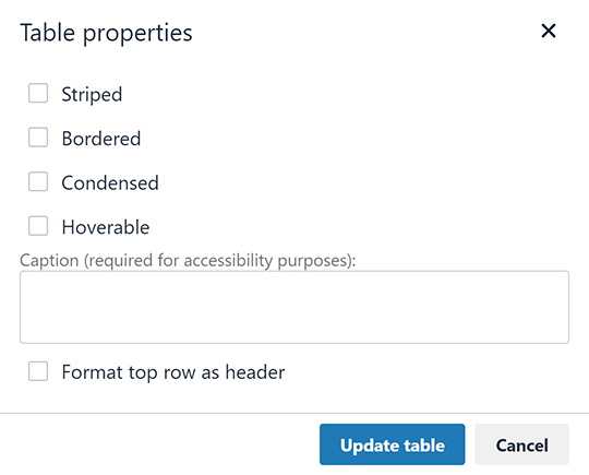 The Table properties pop-up