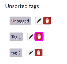 The 'Edit tags' screen, with the button to delete a tag highlighted
