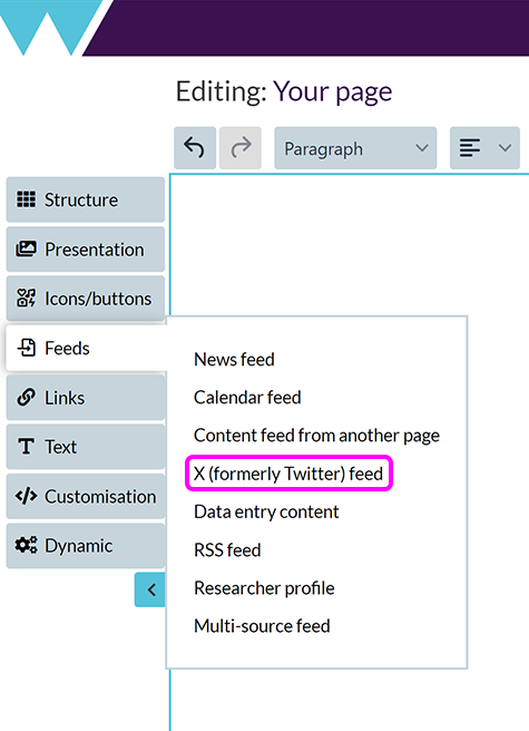 The Components Editor, showing the 'Add content feeds' menu with the Twitter feed' option highlighted