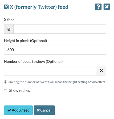 The 'Twitter feed' settings pop-up