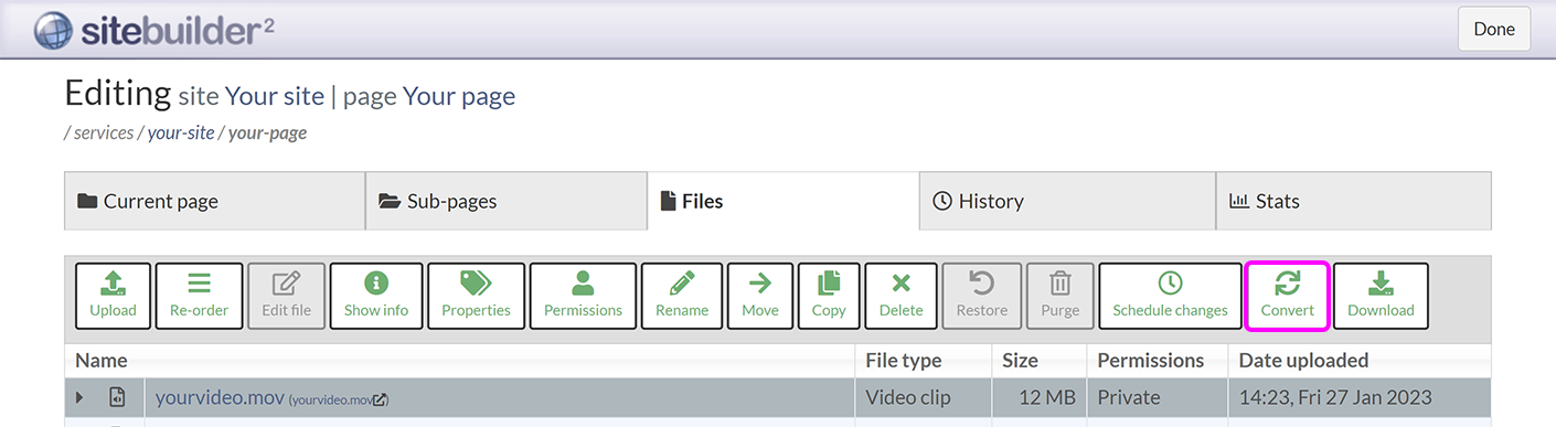The SiteBuilder 'Files' tab, with the 'Convert' button highlighted
