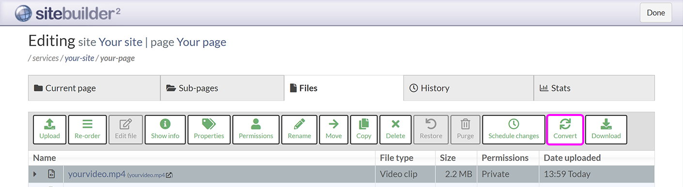 The SiteBuilder 'Files' tab, with an MP4 file selected and the 'Convert' button highlighted