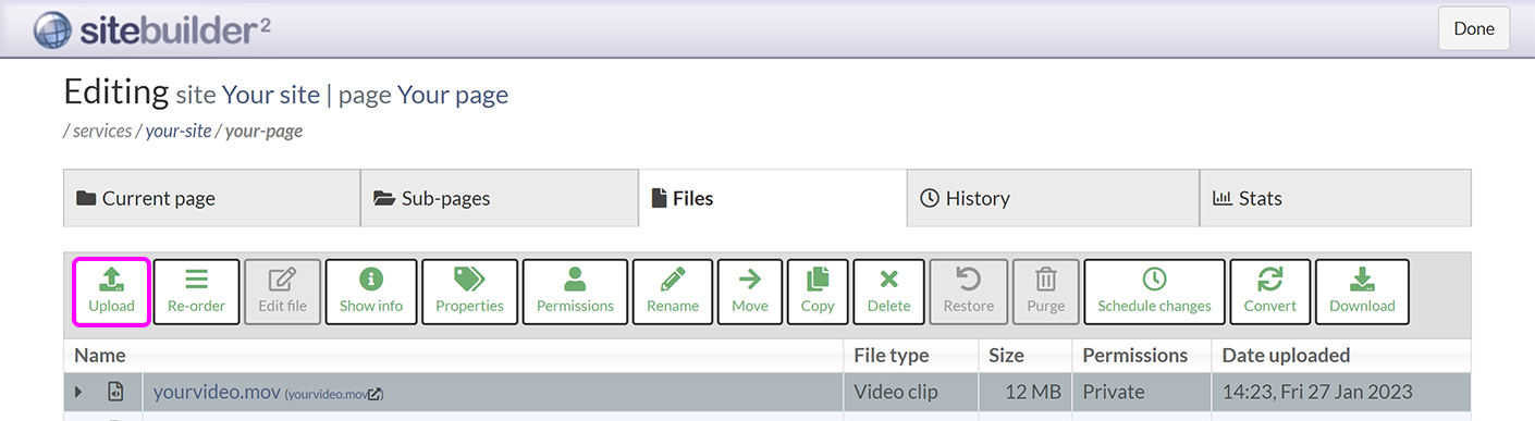 The SiteBuilder 'Files' tab, with the 'Upload' button highlighted
