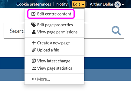 The SiteBuilder 'Edit' menu, with the 'Edit centre content' option highlighted