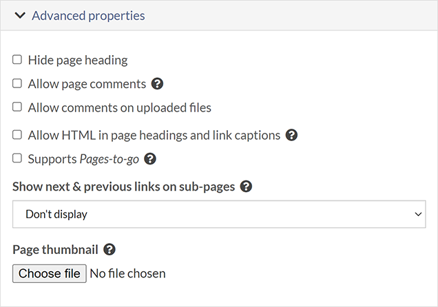 The 'Advanced properties' section of the SiteBuilder page properties screen
