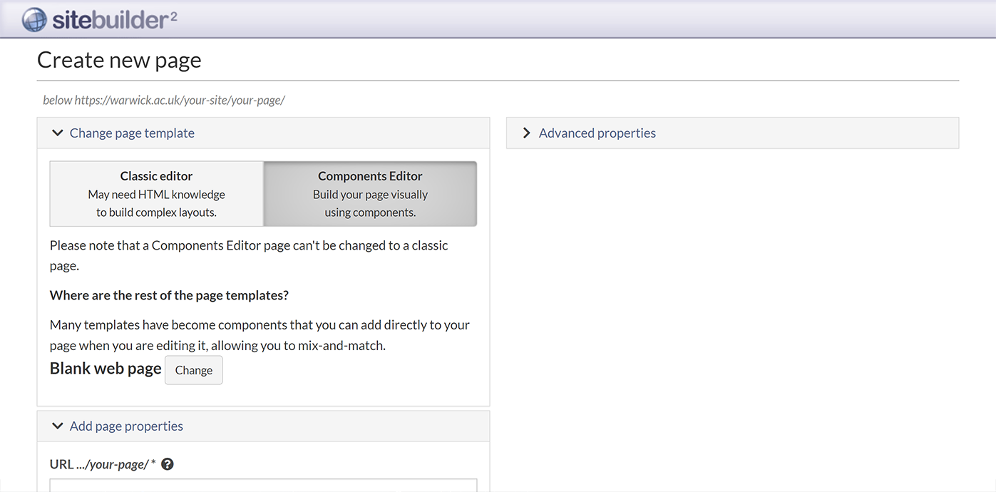 The 'Create new page' screen in SiteBuilder, with a blank page style selected