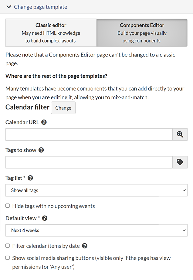 The Calendar filter page template options