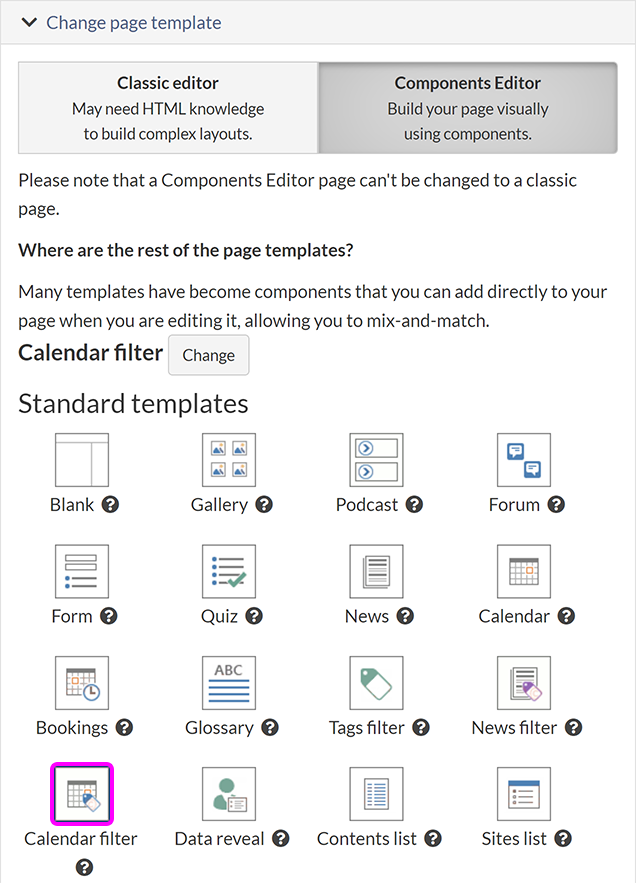 The 'Create new page' screen, with the option to create a Calendar filter page highlighted