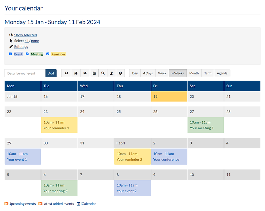 A SiteBuilder calendar page