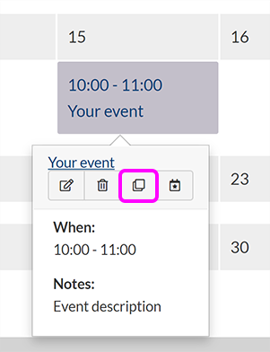 A selected event summary in Month view, with the button to copy the event highlighted