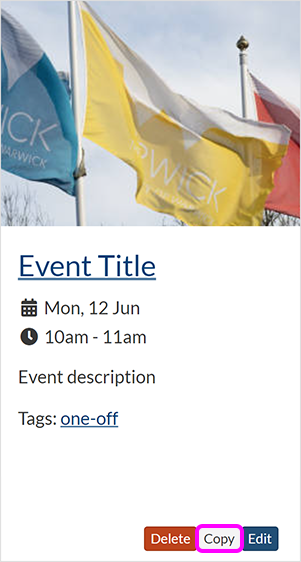 An event summary in Tile view, with the 'Copy' button highlighted