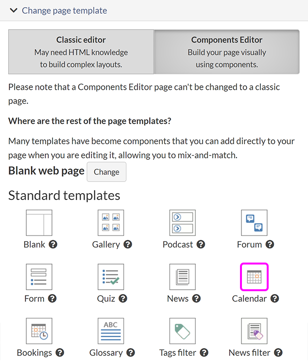 The 'Create new page' screen, with the option to create a calendar page highlighted