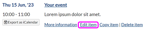 An event summary in Agenda view, with the option to edit the event highlighted