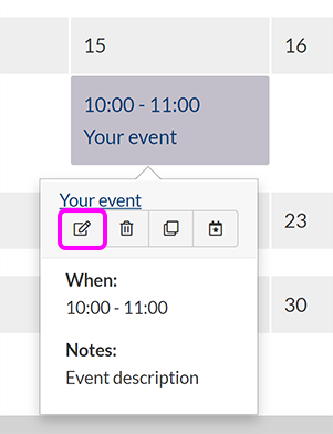 A selected event summary in Month view, with the button to edit the event highlighted