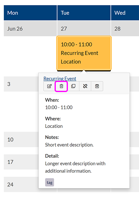 A selected event summary in Month view, with the button to delete the event highlighted