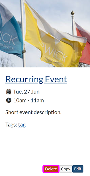 A calendar event in Tile view, with the 'Delete' option highlighted
