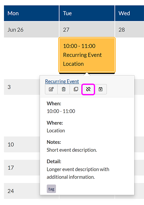 A recurring event selected in the calendar, with the 'Unlink' button highlighted
