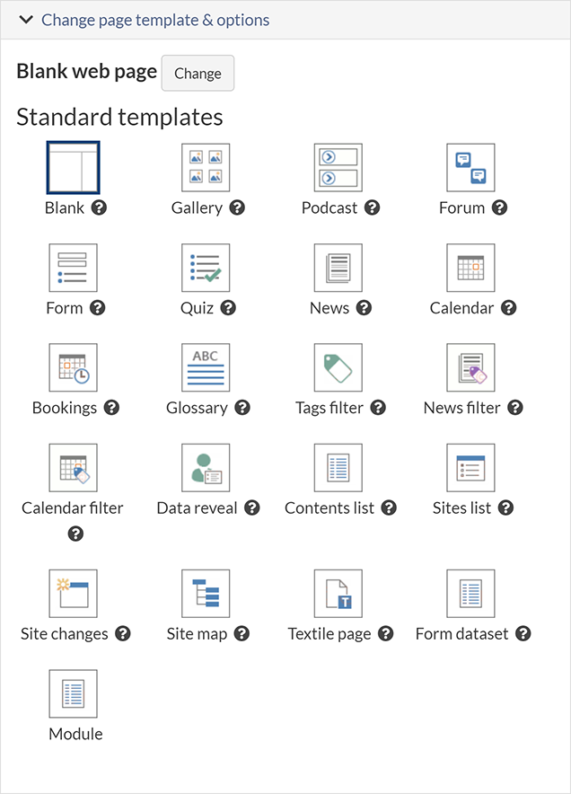The page template list, with the option to create a Data reveal page highlighted