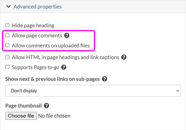 The 'Advanced properties' section, with the options to 'Allow page comments' and 'Allow comments on uploaded files' highlighted