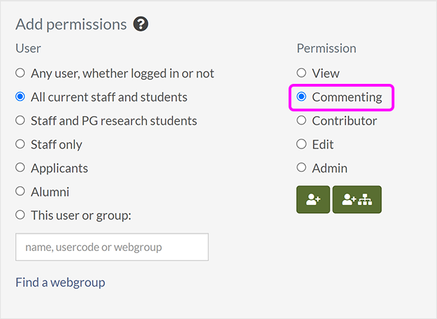 The 'Add permissions' section, with the 'Commenting' permission option highlighted