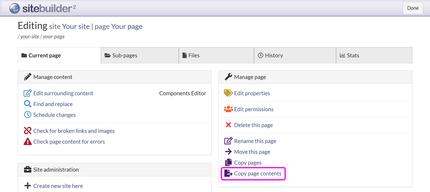 The 'Current page' tab in SiteBuilder, with the 'Copy page contents' button highlighted