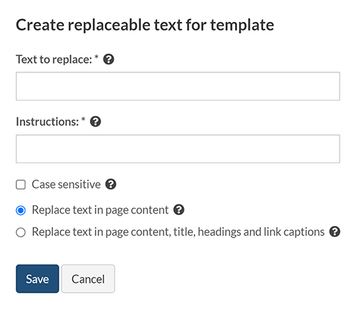 The 'Create replaceable text for template ' pop-up