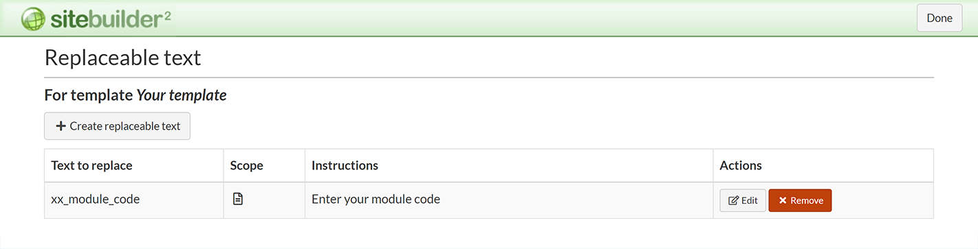 The 'Replaceable text' screen for a SiteBuilder custom page template, showing existing replaceable text