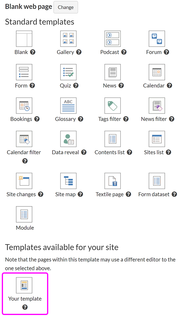 The SiteBuilder template gallery, with a custom template displayed