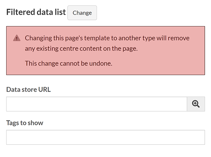 The default options for the Filtered data list page template