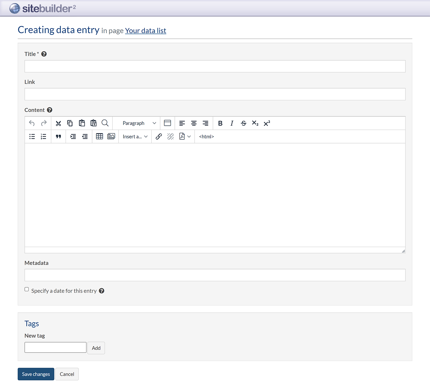 The 'Creating data entry' screen