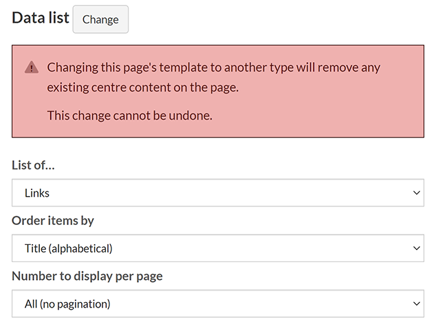 The default options for the Data list page template