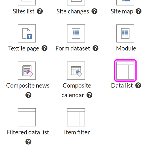 The 'New page' screen, showing the available template options with 'Data list' highlighted