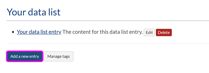 A data list page, with the 'Add a new entry' button highlighted