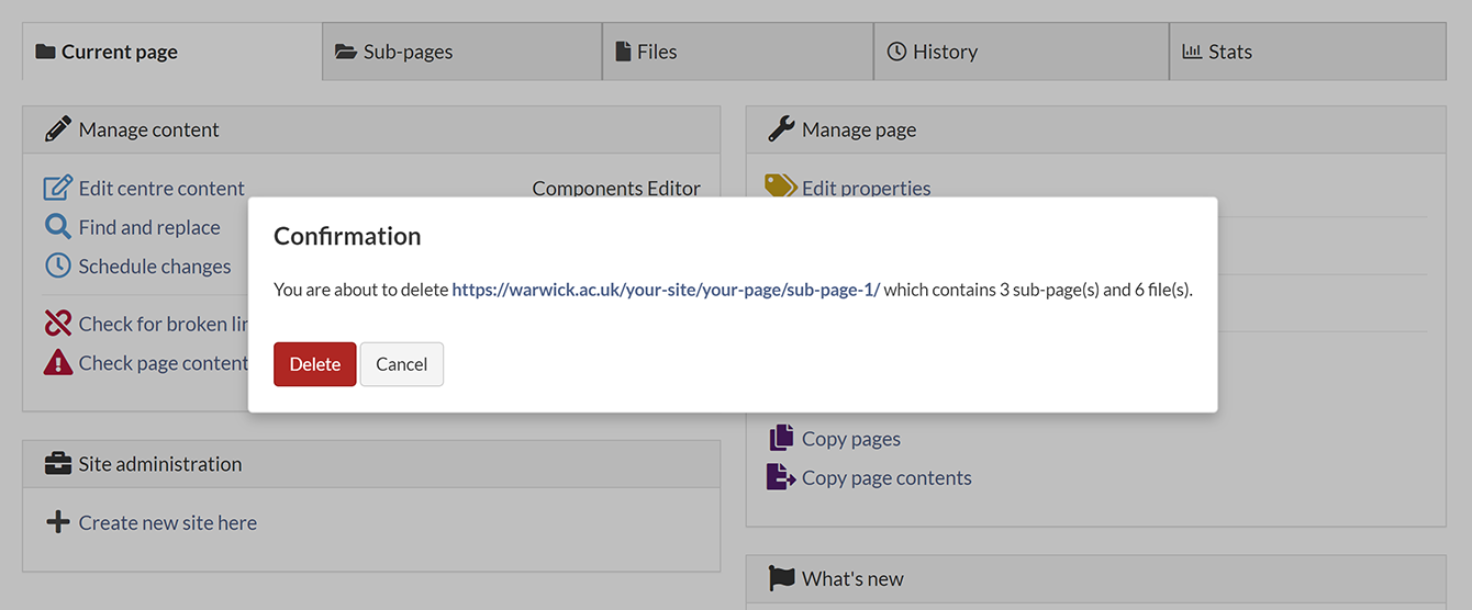 The 'Current page' tab in SiteBuilder, with the pop-up summary for deleting the current page displayed