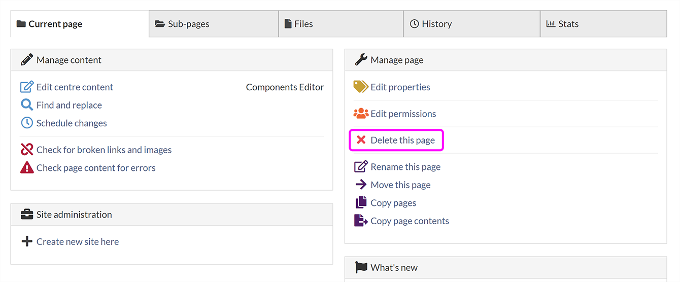The 'Current page' tab in SiteBuilder, with the 'Delete this page' option highlighted
