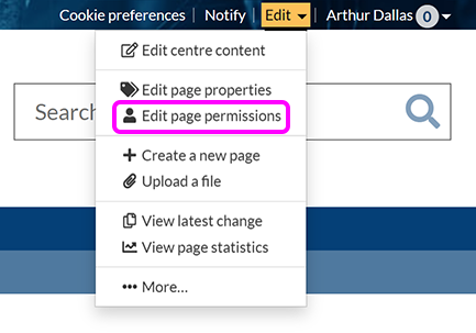 The SiteBuilder 'Edit' menu, with the 'Edit permissions' option highlighted