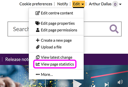 The SiteBuilder 'Edit' menu, with the option to 'View page statistics' highlighted