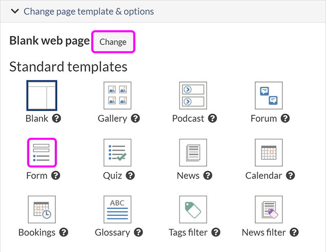 The SiteBuilder page template list, with the 'Form' option highlighted