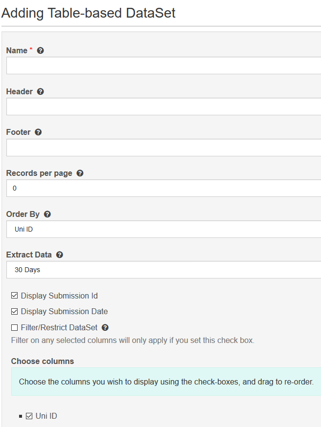 Form fields for creating a table-based dataset