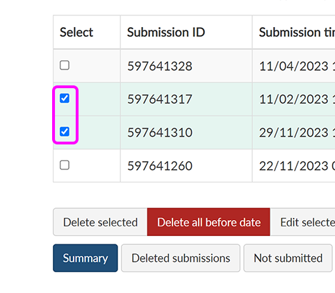 Part of the 'Viewing submissions' screen, with the 'Select' checkboxes highlighted