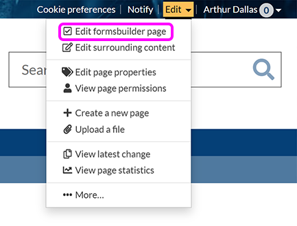 The SiteBuilder 'Edit' menu, with the 'Edit formsbuilder page' option highlighted