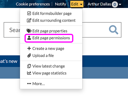 The SiteBuilder 'Edit' menu, with the 'Edit page permissions' option highlighted