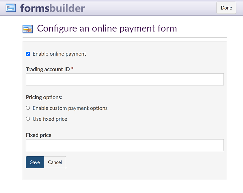 The 'Configure an online payment form' screen