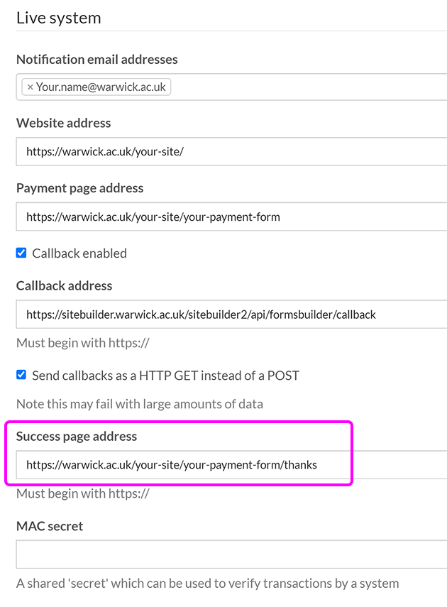 The 'Live system' settings in the Online Payments TTS