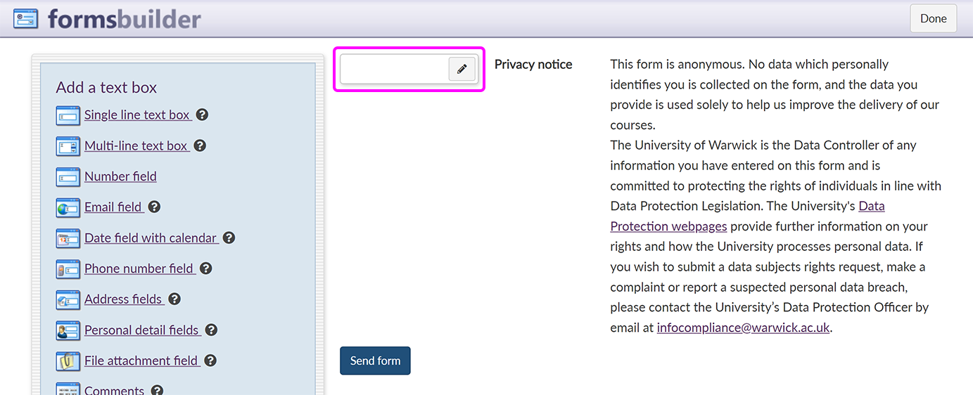 The default privacy notice on a forms editing page, with the button to edit the privacy notice highlighted