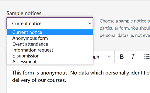 The 'Sample notice' drop-down