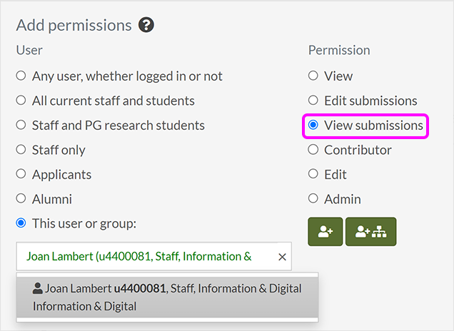 The 'Permissions' screen for a SiteBuilder form