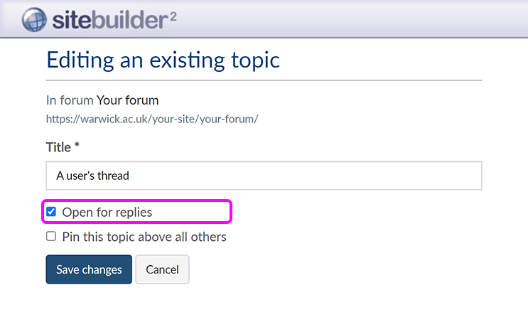 The 'Editing an existing topic' screen, with the 'Open to replies' checkbox highlighted