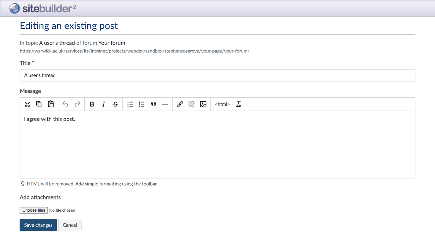 The 'Editing an existing post' screen